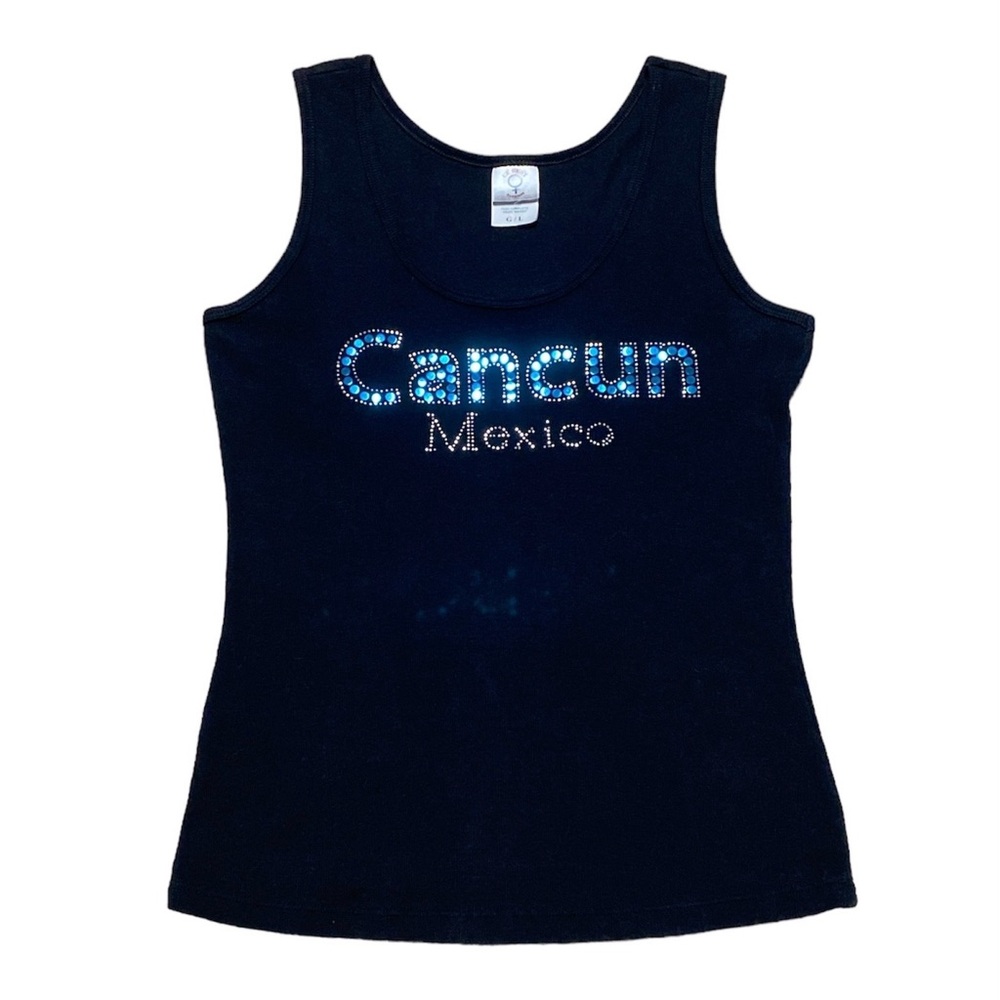 Y2k Tank Top Womens L Black Ribbed Sleeveless Cancun Mexico Rhinestone Shirt Vtg